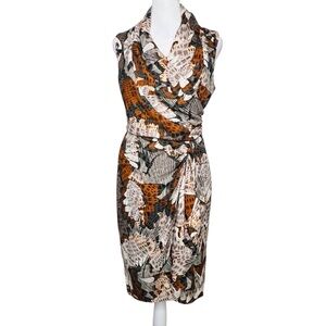 H & M Surplus Faux Wrap Chiffon Dress 8  Cinch Waist Earthtone Floral Classic